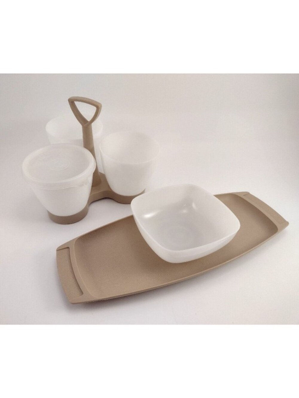 Vintage Tupperware 757 Condiment Serving Caddy Tan 3 Containers/Lids Relish